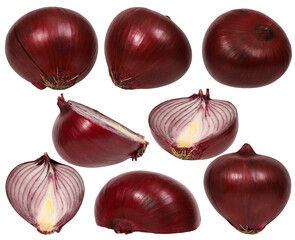 Onions (shallots), slices and half isolated png and white background, Onions (shallots) macro studio photo, Red or Purple onion set..