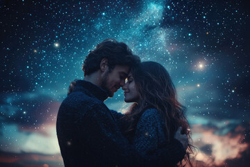 A couple embraces under a breathtaking night sky, filled with stars and dreams.