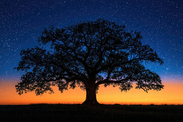 Silhouette of a large oak tree against a vibrant sunset and starry night sky.