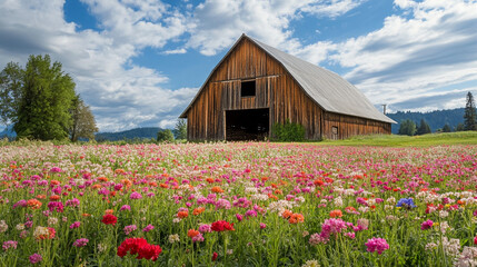 Vibrant flowers bloom in a colorful field near a rustic barn under a bright blue sky