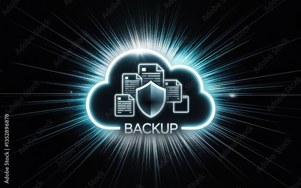 Poster data fortress: a digital shield encompasses a cloud, symbolizing secure data backup and protection a