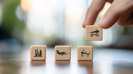 Hand chooses transport mode; city, plane, stroller, background blurred