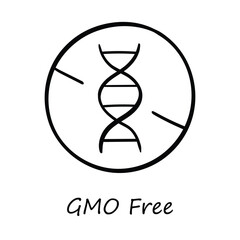 Hand-drawn vector icon for GMO Free. A hand-drawn illustration of DNA strands crossed out, representing non-GMO and safe products.