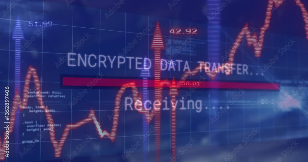 Poster transferring encrypted data and receiving text over financial graph animation