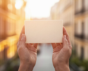 Hands hold off-white rectangle against blurred city background at sunset, showcasing blank space for text or advertisement, ideal for mockup or presentation