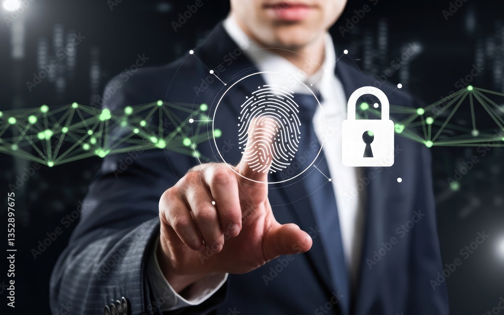 Poster fingerprint security: a modern depiction of digital security, a man in a suit is interacting with an