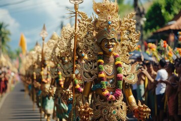 A vibrant Balinese religious procession with ornate golden statues, showcasing intricate craftsmanship and cultural significance.