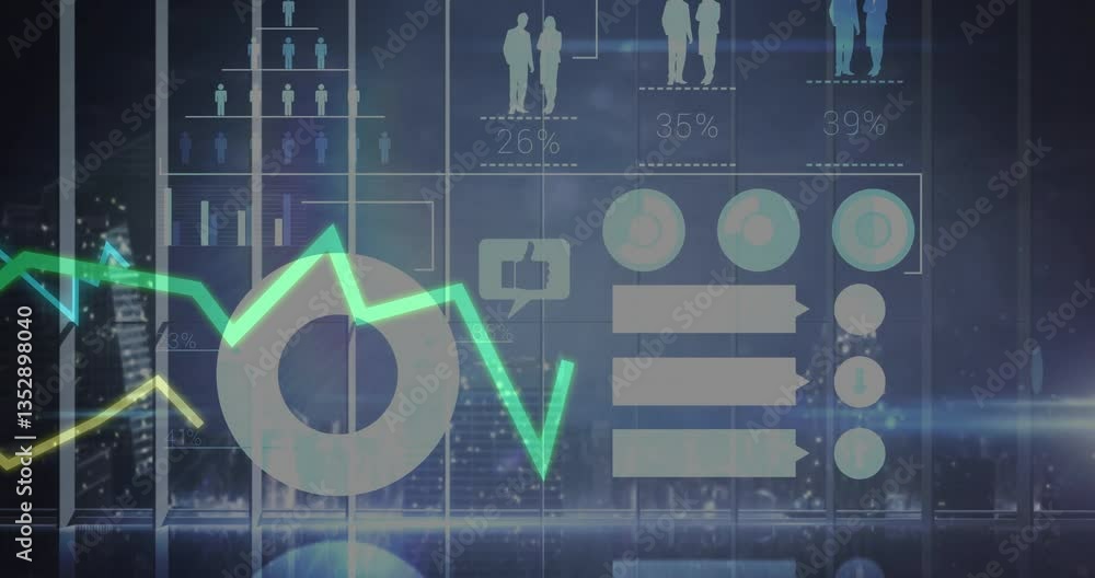 Poster creating animation with graphs and charts overlaying cityscape in background