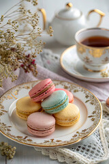 A delicate arrangement of colorful French macarons on a vintage porcelain plate with gold detailing. The scene is illuminated with soft, diffused light, enhancing the pastel hues and velvety texture