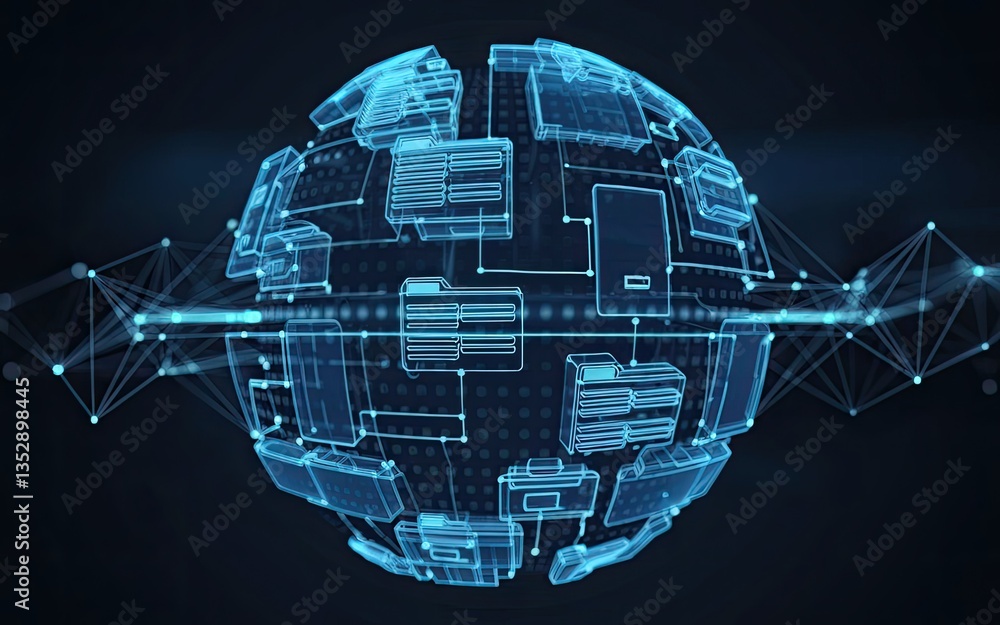 Poster digital world sphere: a captivating image of a digital sphere, a glowing network of interconnected d