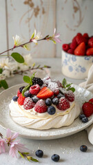 A delicate pavlova with a crisp, airy meringue base, topped with fresh raspberries, blueberries, and strawberries. The berries glisten under soft light, and a dusting of powdered sugar adds