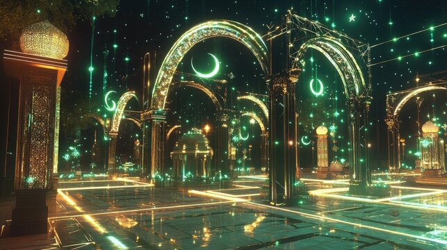An expansive digital Eid bazaar illuminated with floating holographic crescents and stars
