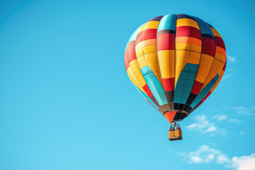 Fototapeta premium A vibrant hot air balloon soars through a clear blue sky, a breathtaking sight of adventure and freedom.