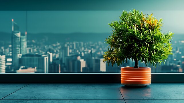 Small green potted plant against an urban skyscraper cityscape backdrop