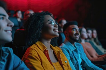 A young woman with glasses smiles while watching a movie in a dark theater with friends.