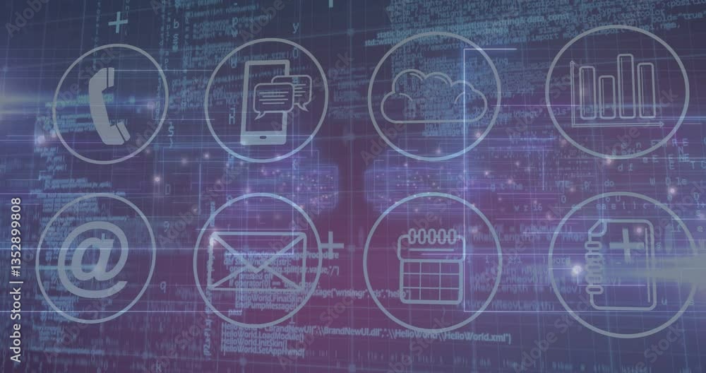 Poster animation of digital communication icons on blue and purple coding background