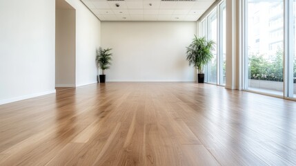A vast empty room features light wooden flooring complemented by potted plants, making it an inviting space that radiates warmth and tranquility, ideal for minimalistic designs.