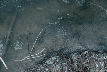 Background. thin and frosty ice surface close up. Detailed photo patterned blue background