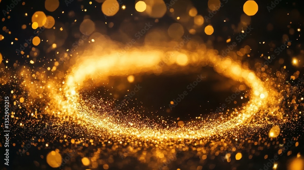 Poster golden glitter dust swirls around on dark background with bokeh lights. use this as a backdrop for c