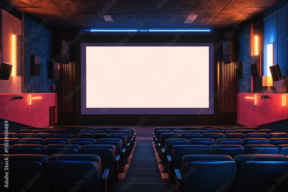 Poster empty movie theater with large screen and rows of seats