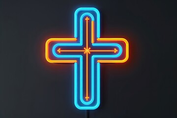Obraz premium Vibrant Light Blue and Orange Neon Cross Design on Black Background Stunning 3D Religious Artwork