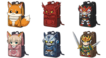 Cartoon Backpacks Featuring Fox Demon Robot and Knight Characters for Children