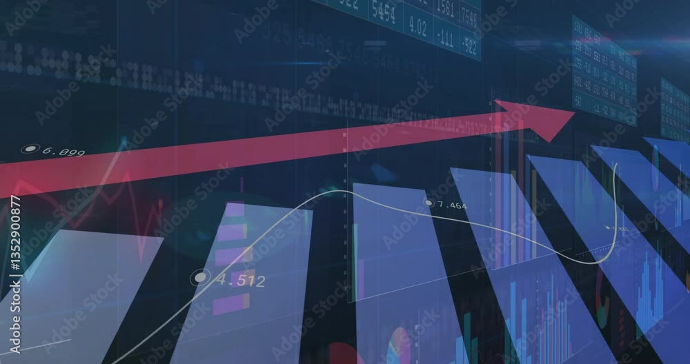 Poster animation of rising red arrow on financial charts and data visualization screen