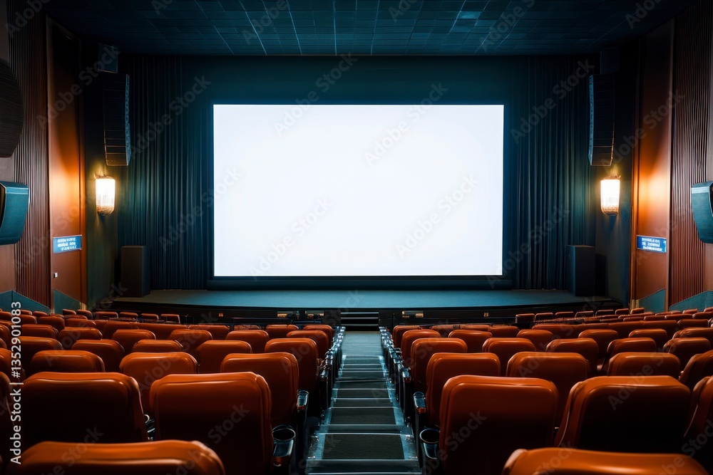 Poster empty movie theater with rows of seats and large blank screen