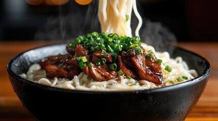 A steaming bowl of ramen featuring glazed beef pieces and garnished with fresh green onions, providing a warm and inviting essence for food lovers.