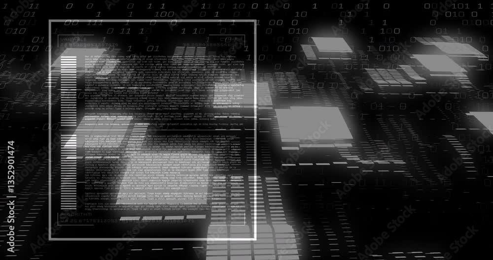 Poster animation of digital data and binary code overlaying geometric shapes in monochrome