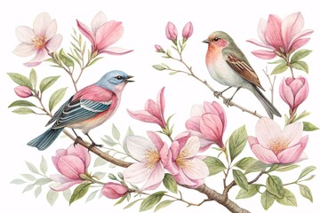 Watercolor Illustration of Birds and Magnolias