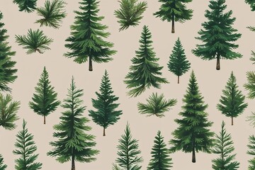 Obraz premium Rustic Green Pine Tree Design on Light Beige Background for Holiday Wrapping Paper and Home Decor Accents