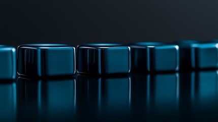 Square blocks in row, blue, mirror reflection, black background, shiny surface
