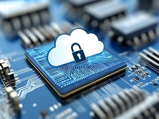 Digital cloud with lock over a blue circuit board shows security