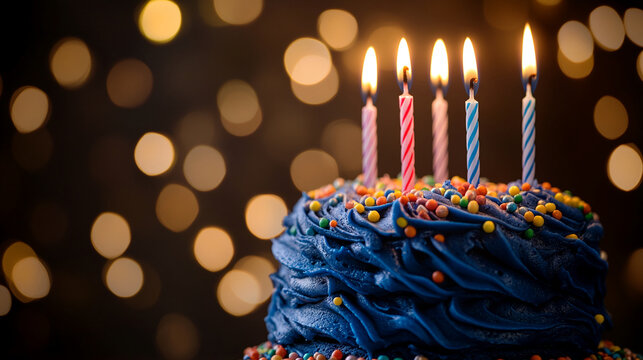 Blue frosted cake with colorful sprinkles and lit candles against a bokeh background, depicting celebration, joy, and festivity, perfect for birthday themes