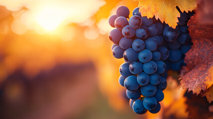 Close-up of dark-blue grapes on vine, autumn leaves backdrop, sunlit scene, conveying harvest, winemaking, and seasonal abundance
