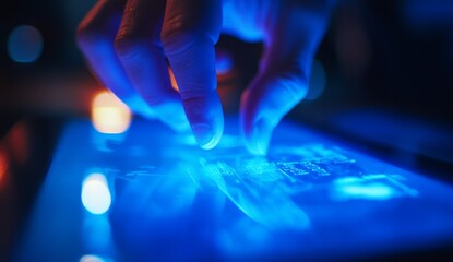 Hands interacting with glowing tablet screen at night