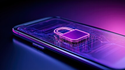 Cybersecurity: Digital Lock on Smartphone Screen, Purple and Pink Neon Glow,  Protecting Personal Data and Privacy.