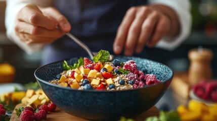 Chef prepares healthy fruit oatmeal breakfast bowl in kitchen