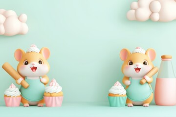 Cute cartoon hamsters baking with cupcakes and milk