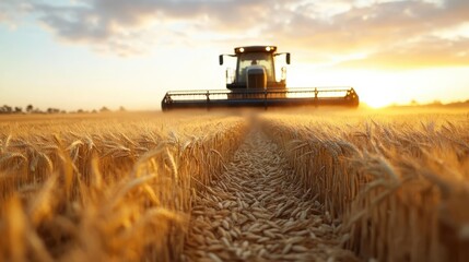 Fototapeta premium A tractor moving through golden wheat field captures the breathtaking beauty of nature during sunset, highlighting the hard work involved in farming and the serenity it brings.
