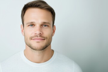 Obraz premium Smiling young white man with short hair in white shirt