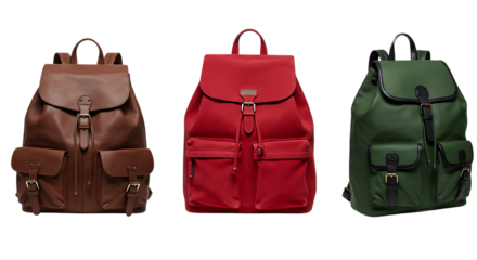 Three Fashionable Leather Backpacks Displayed in Brown Red and Green Color Palette