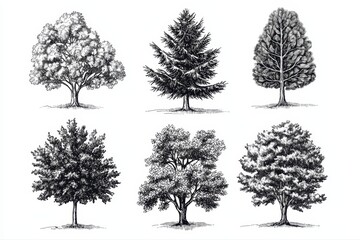 Fototapeta premium Various types of hand-drawn trees in black and white