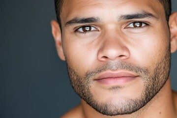 Fototapeta premium Close-up portrait of Latino man with stubble and clear skin, beauty and skincare concept