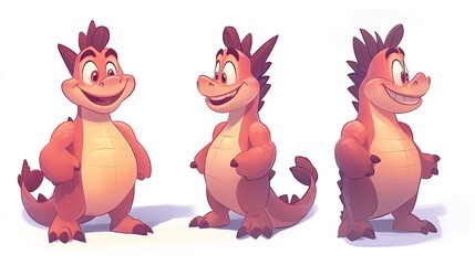 Fototapeta premium Playful cartoon dragon character poses, white background, children's book illustration