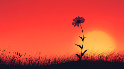 Obraz premium Silhouette of a single flower against a vibrant sunset, casting shadows on a grassy landscape