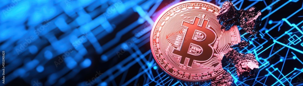 Poster bitcoin coin on circuit board background with glitch