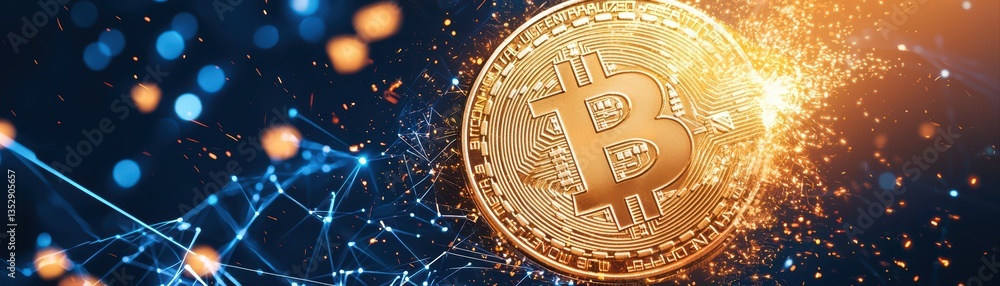 Poster shiny bitcoin with digital network background effect