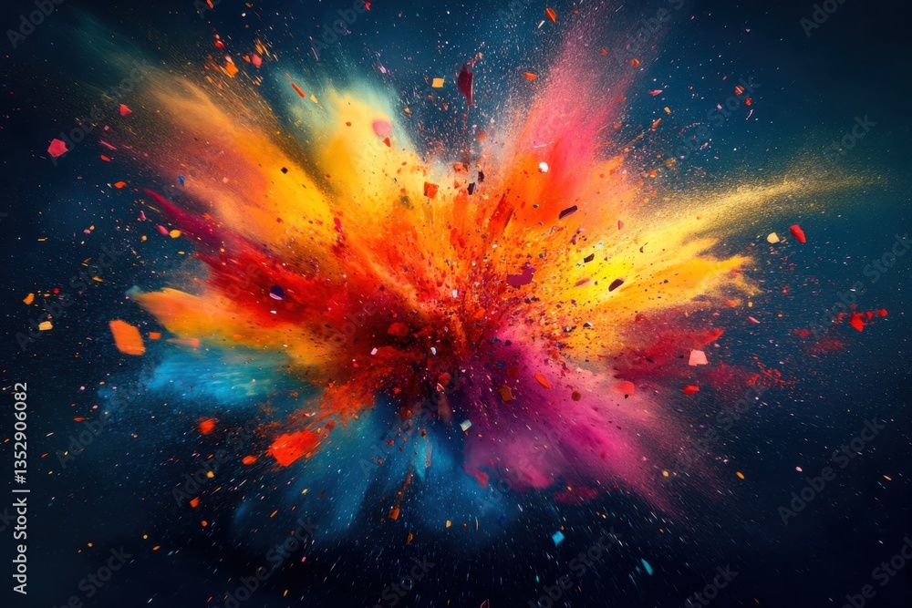 Poster a dynamic and vibrant explosion of colorful fragments forming a visually striking abstract design